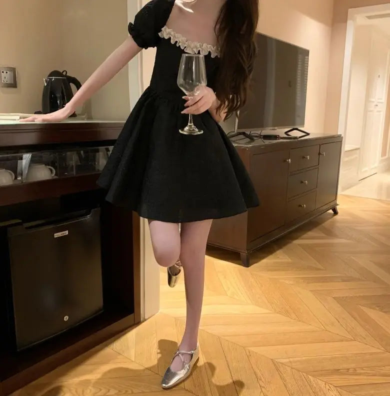 LIZAKOSHT  -  French Bubble Sleeved A-line Skirt For Womens Clothing 2024 Summer New Bow Short Sleeved Dress Female Square Neck Dresses