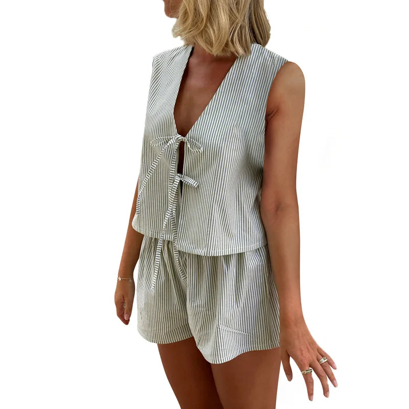 LIZAKOSHT  -  Striped Two Piece Set for Women Sexy V Neck Tie Front Sleeveless Tank Top and High Waist Shorts y2k Clothes Streetwear