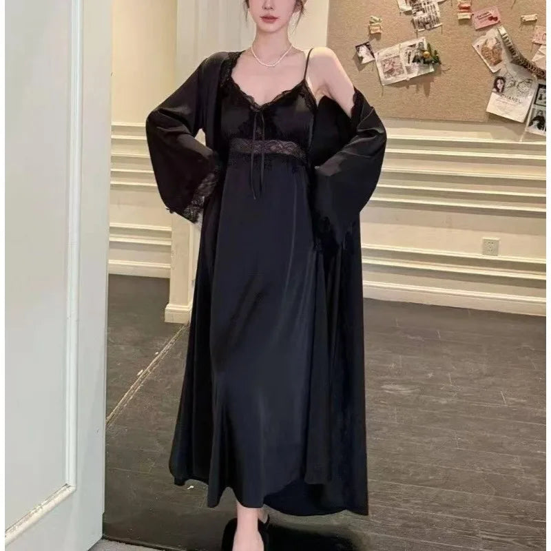 LIZAKOSHT  -  Elegant Women Suspender Nightgown Set with Thin Cardigan Soft Solid Color Homewear French Style Casual Daily Loungewear