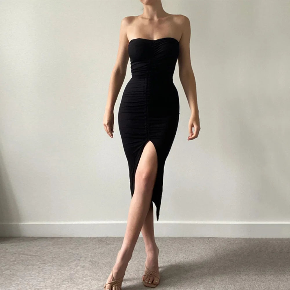 LIZAKOSHT  -  Summer New Dstring Pleated ter Dr Sexy Tight Wrap around Bodycon Long Skirt without Sve Polyester Fiber Midi Dr