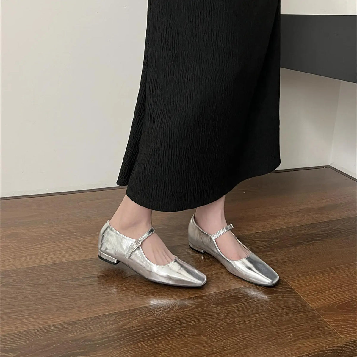 LIZAKOSHT -  Silver Ballerina Shoes Woman Belt Strap Mary Janes Lolita Square Toe Flats OL Ladies Dress Mocasines Brides Wedding Ballets