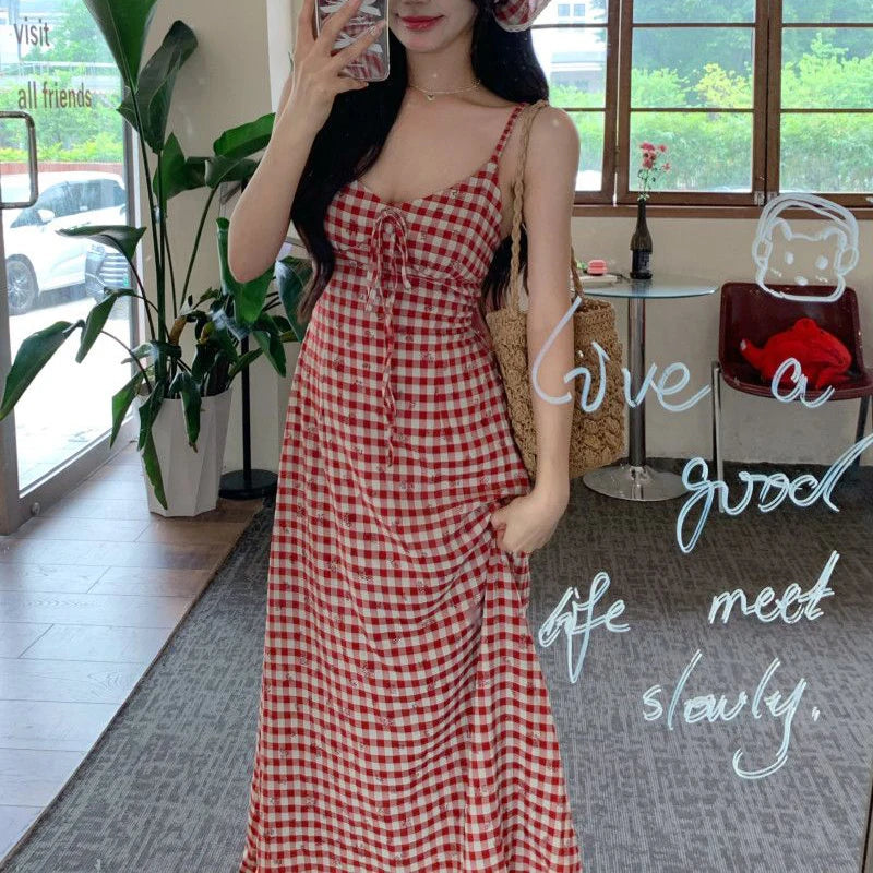 LIZAKOSHT  -  Sexy Backless Red Plaid Dress Women Summer Sweet Skinny Spaghetti Strap Dress Pretty Style Chic Elegant Party Night Vestidos
