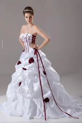 LIZAKOSHT  -  White and Burgundy Wedding Dresses Strapless Pleated Ruffles Lace-up Corset Floral Embroidery Bridal Gowns