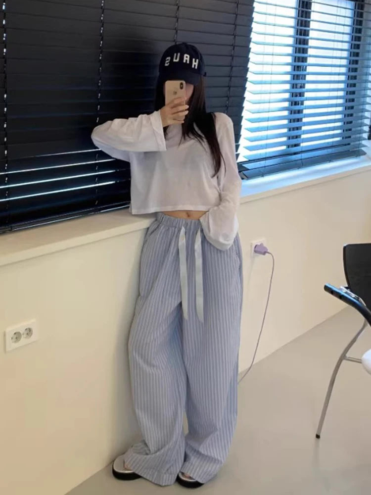 LIZAKOSHT  -  Casual Drawstring High Waist Color-blocking Striped Pants for Women Summer New Retro Loose Straight Long Wide Leg Pants