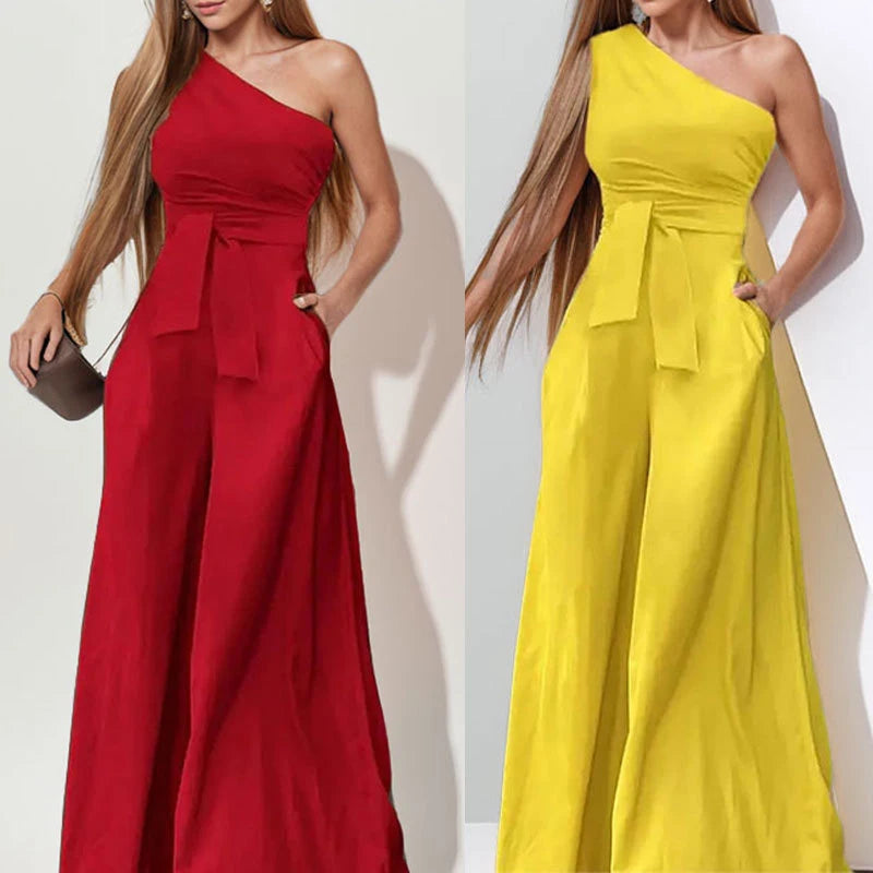 LIZAKOSHT  -  Elegant Diagonal Collar One-shoulder Solid Color High Waist Strappy Sleeveless Pocket Jumpsuit Wide Leg Pants Clubwear