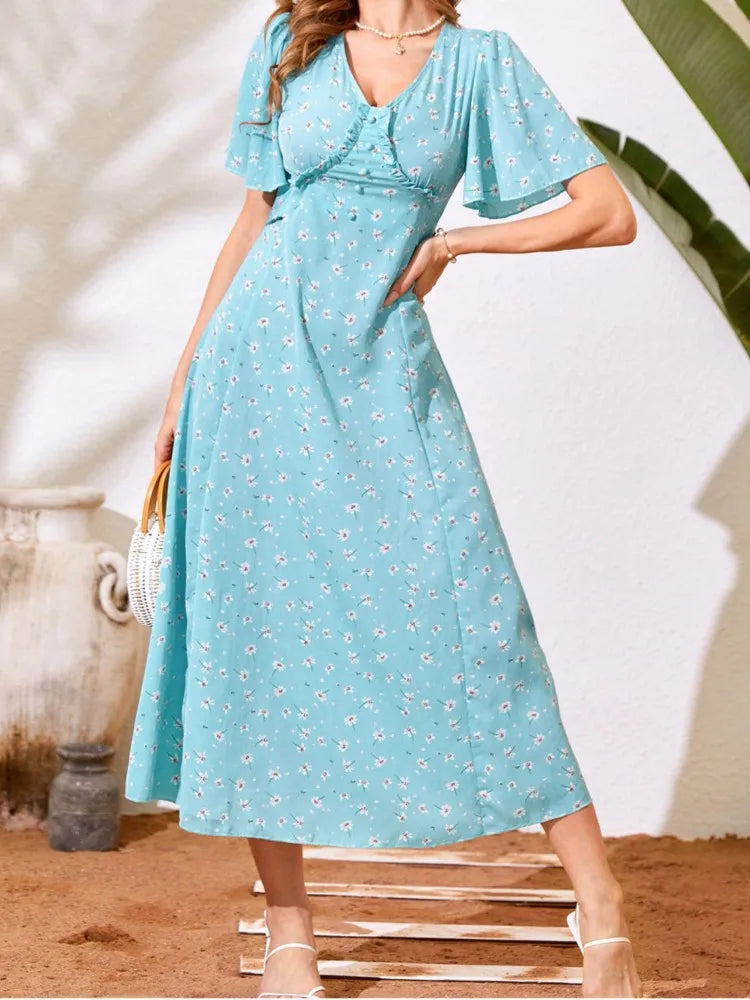 LIZAKOSHT  -  Summer New Flare Sleeve Elegant Print Dress Women Fashion High Waist A-line Beach Dress Lady Floral Holiday Dress