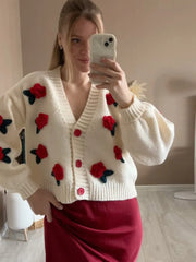 LIZAKOSHT  -  3D Flower Knitted Cardigan Woman Loose Long Sleeves Single Breasted V-Neck Casual Coats Versatile Women's Early Autumn Cardigans