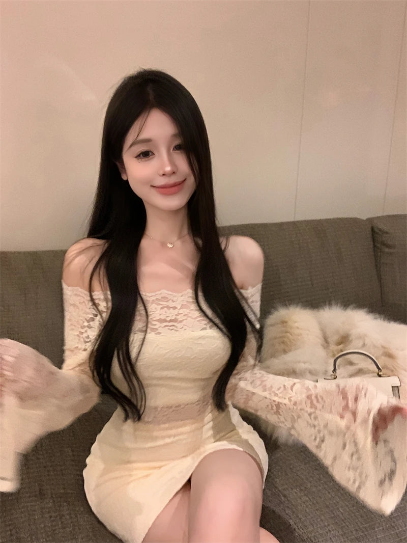 LIZAKOSHT -  Lace Hollow Korean Fashion Short Off Shoulder Short Dress for Women Sexy Cute Solid Color Simple Long Sleeve Slim Dresses