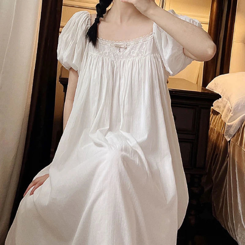 LIZAKOSHT -  Cotton Night Dress Vintage Nightgowns Women Summer Puff Sleeve Long Peignoir Victorian Nightdress Princess Sleepwear