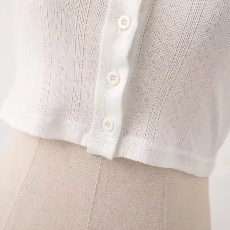 LIZAKOSHT  -  Early Autumn Short Hollow out Lace Trim Long Sleeve round Neck Single Button Open Cardigan Women's T-shirt Cotton Blend