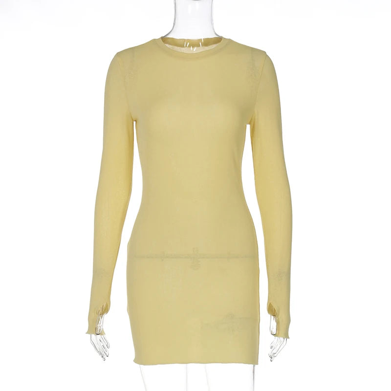 LIZAKOSHT  -  Long Sleeve Casual Solid Color 2025 Women Club Mini Bodycon Dress Round Collar Tight Fit Ladies Spring Sheer Festival Vestidos