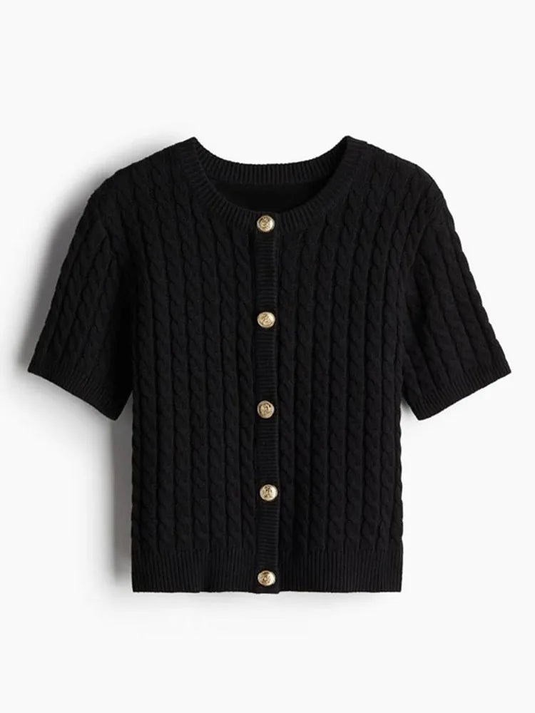LIZAKOSHT  -  Elegant Knitted Single Breasted Cardigan Women Casual O-neck Short Sleeve Sweater Sweater 2025 Spring All-match Lady Knitwear