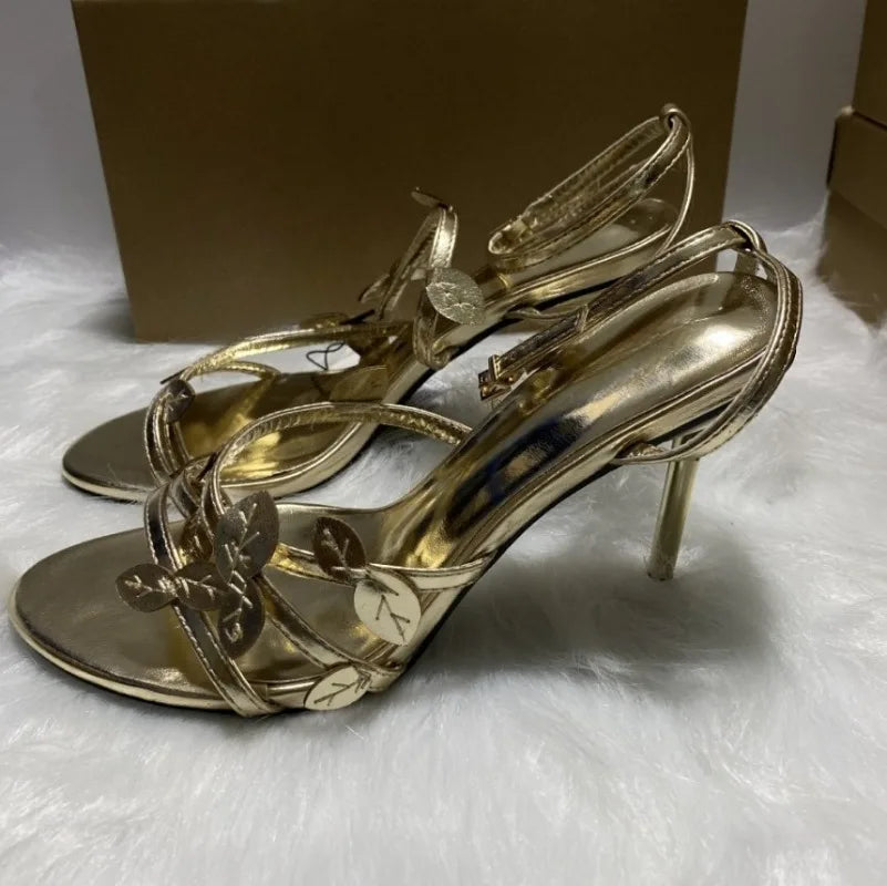 LIZAKOSHT  -  Luxury Gold Leafs High Heels Party Wedding Shoes for Women Sexy Ankle Strap Brand Dress Stilettos Open Toe Ladies Modern Sandals