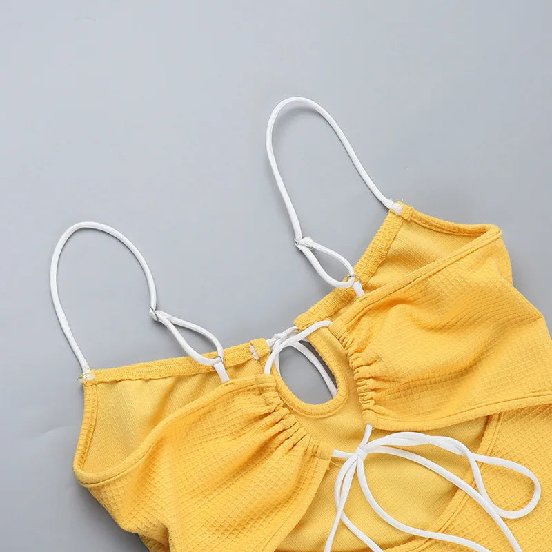 LIZAKOSHT  -  Knitted Sexy Backless Bandage Women Dress Yellow Spaghetti Strap Evening Dress Spring Slim Elegant Vacation Beachwear