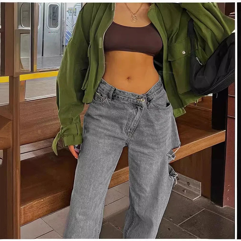 LIZAKOSHT  -  Women's Ripped Jeans Nine-point Loose Slimming Spring, Summer And Autumn Low-waist Dad Pants Harem Pants Trendy