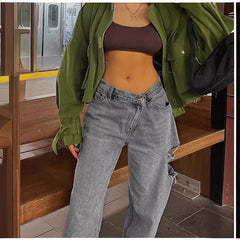 LIZAKOSHT  -  Women's Ripped Jeans Nine-point Loose Slimming Spring, Summer And Autumn Low-waist Dad Pants Harem Pants Trendy