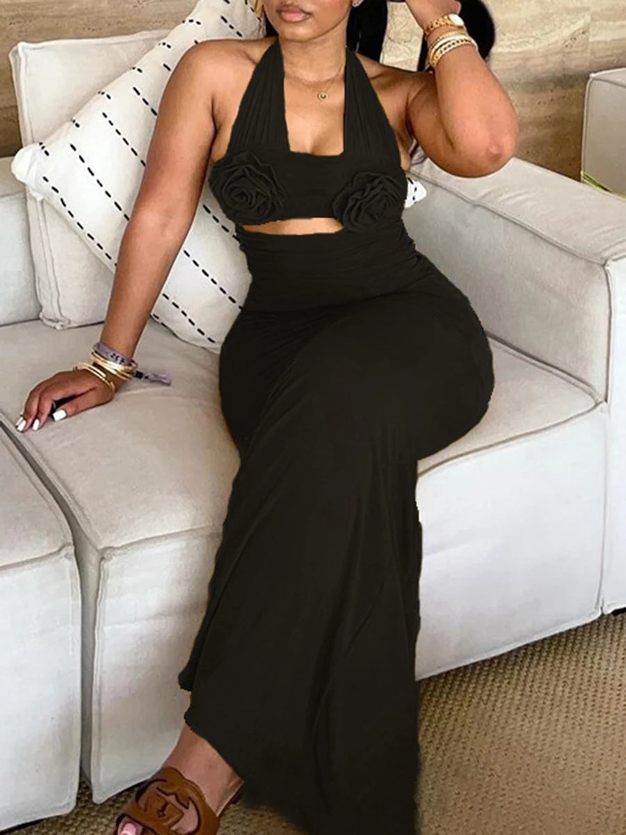 LIZAKOSHT  -  Solid Spliced Appliques Slimming Backless Dresses for Women Halter Sleeveless High Waist Temperament Dress Female Fashion