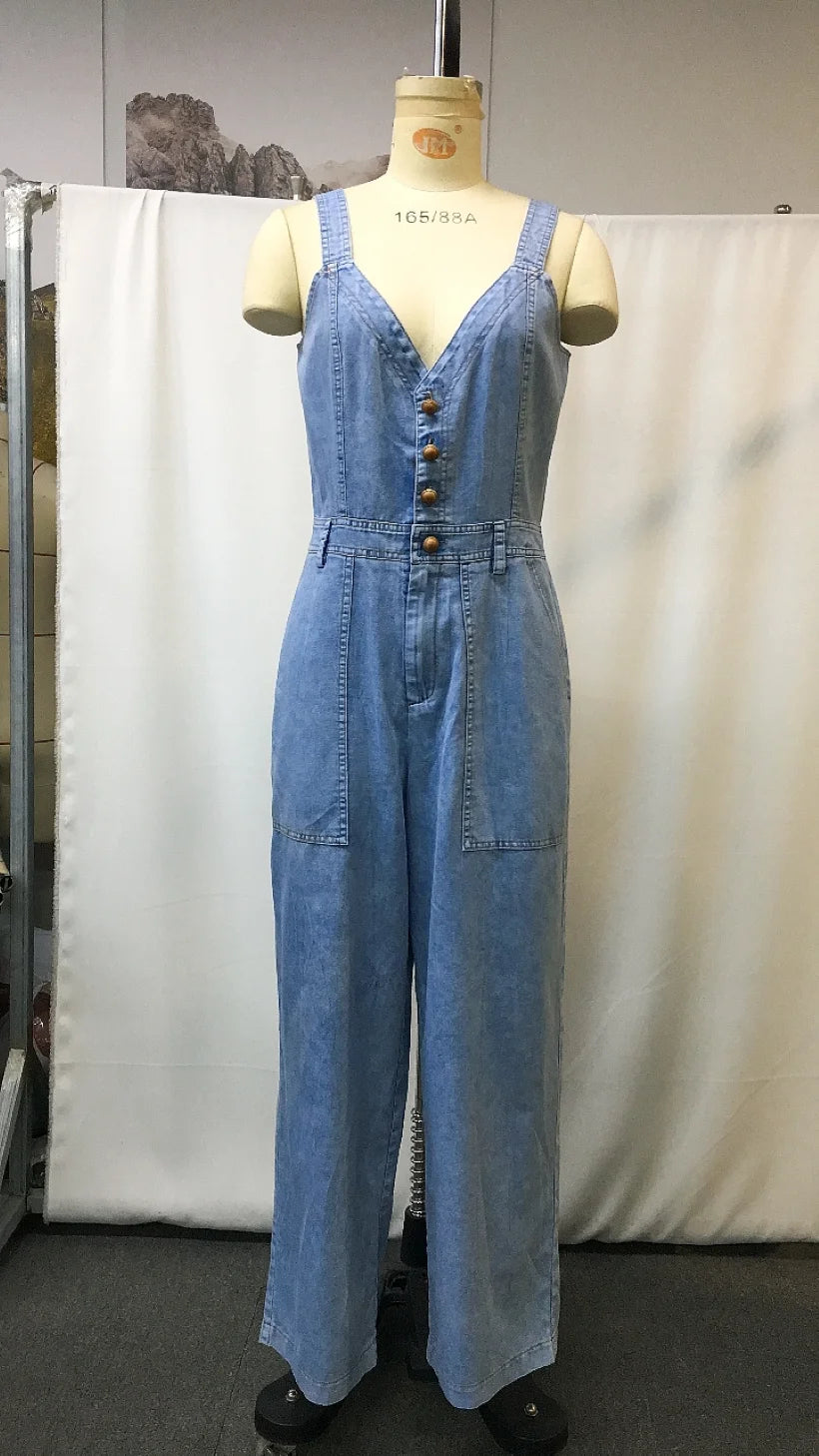 LIZAKOSHT  -  Western Cowboy Denim Jumpsuit for Women, Casual Outdoor Overalls Trousers with Pockets, Plus Size Available