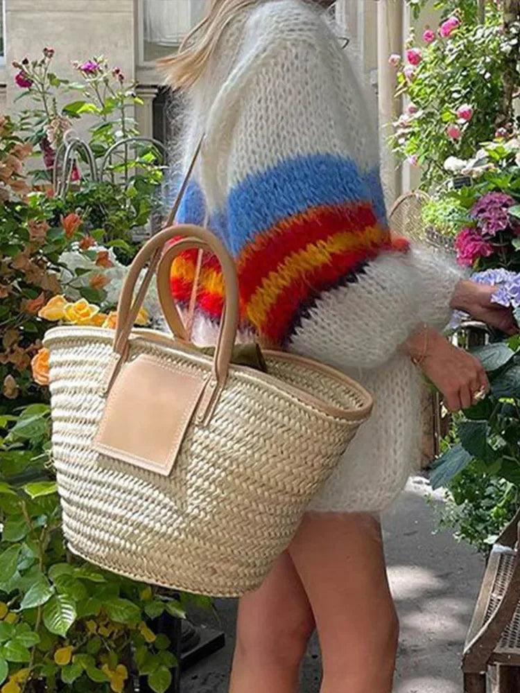 LIZAKOSHT  -  Colorful Contrasting Stripes Cardigan for Women Elegant Lantern Long Sleeve Loose Sweater Autumn Lady Knitwear Outerwears