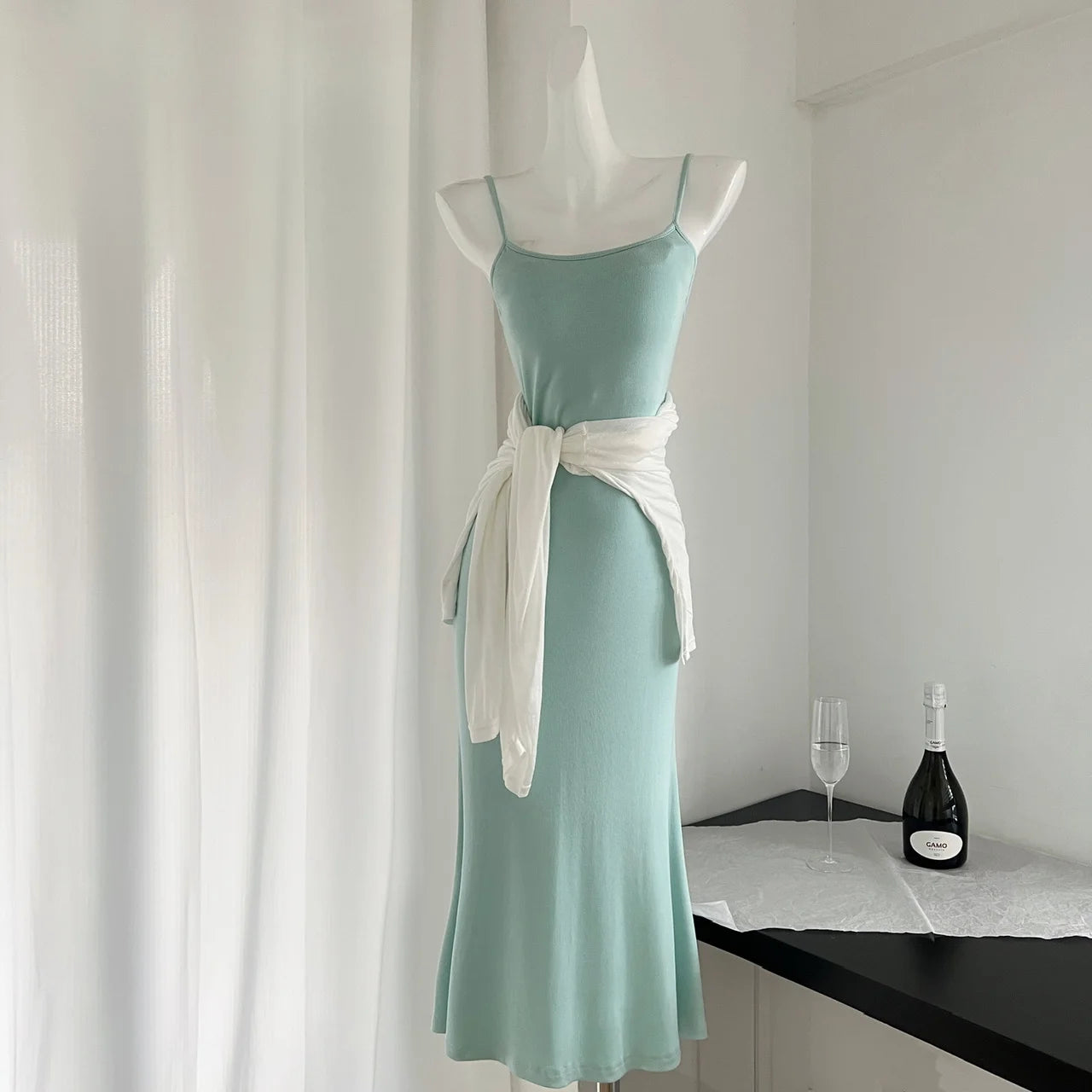 LIZAKOSHT  -  Summer Spaghetti Straps Slim Midi Dress With White T-shirt Women Casual Solid Simple Party Vestidos Holiday Beach Outfits