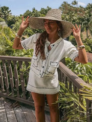 LIZAKOSHT  -  Elegant Knitted Cardigan Coat Women Fashion Single-Breasted Pockets Short Sleeve Crop Sweater 2025 New Summer Casual Slim Tops