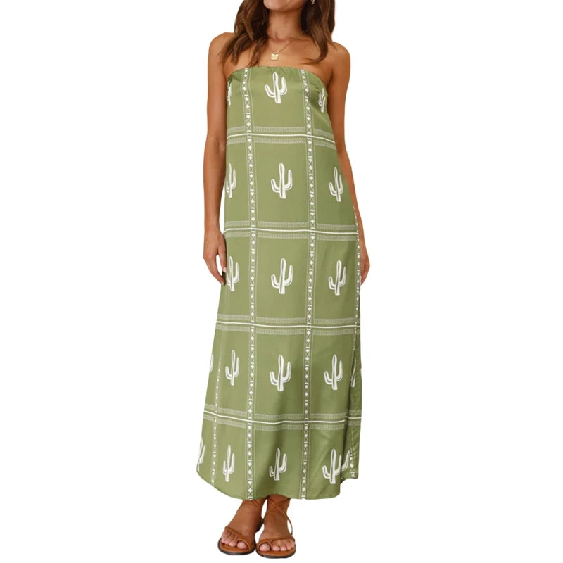 LIZAKOSHT  -  Women Graphic Strapless Long Tube Dress Vintage Off Shoulder Backless Maxi Dress Flowy Summer Holiday Beach A-line Dress
