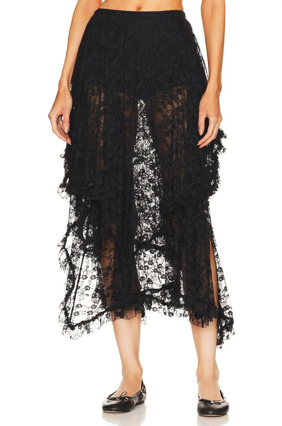 LIZAKOSHT  -  Black White Sexy Asymmetrical Hem Ruffle High Waist Lace Skirt Summer Women A-Line Midi Long Skirt