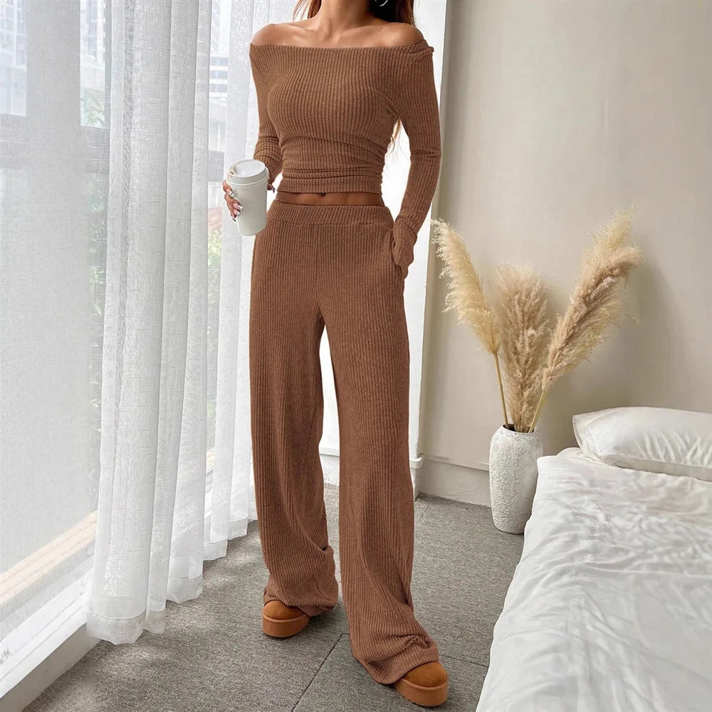 LIZAKOSHT  -  Fall Winter Women 2 Piece Set Solid Off Shoulder Long Sleeve Top Elastic Waist Wide Leg Pants Fashion Casual Outfit