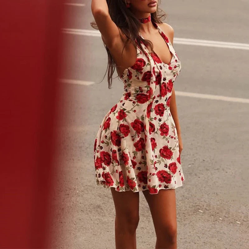 LIZAKOSHT  -  Halter Floral Printing Sleeveless Backless Sexy Vintage Club A-Line Mini Party Dress Temperament Fashion Women Vestidos