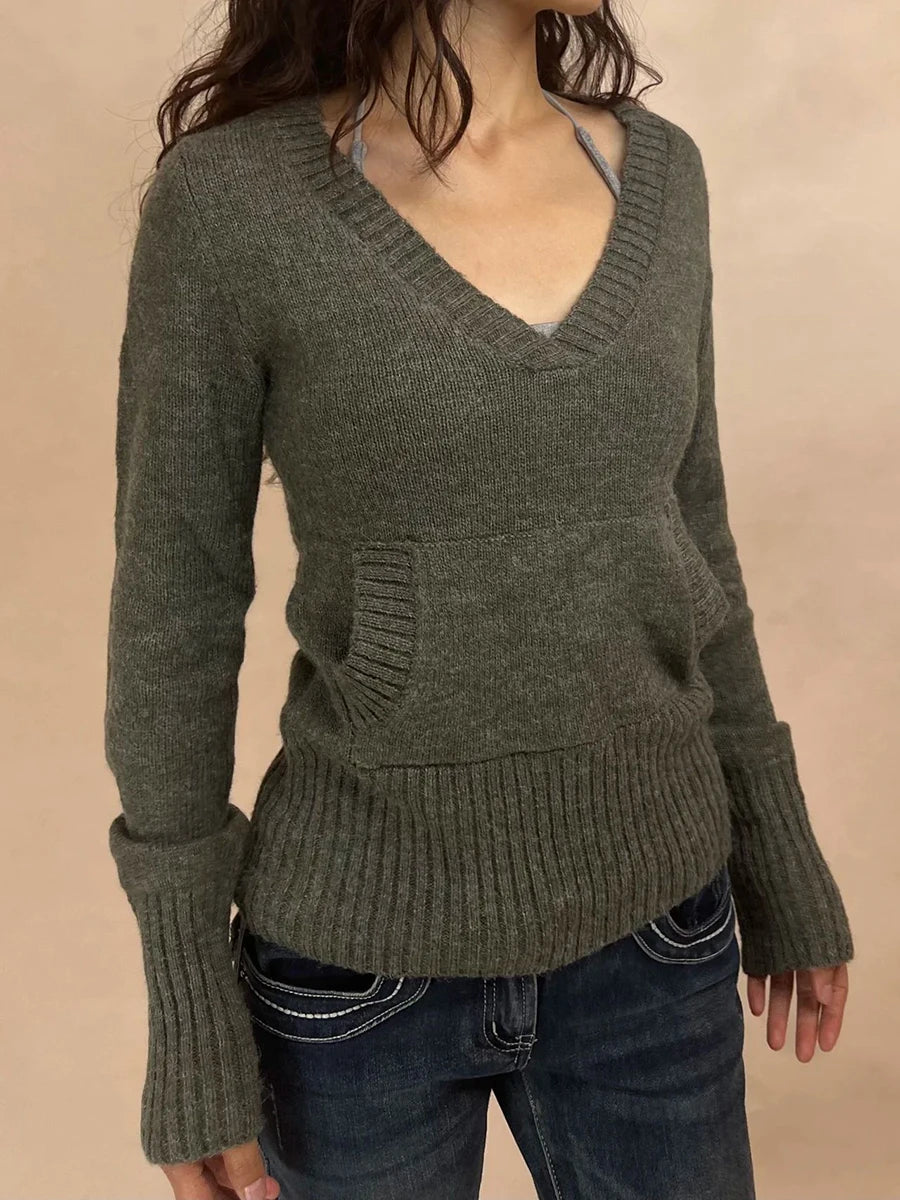LIZAKOSHT  -  Solid Cotton Knitted Sweater Woman Pocket V-neck Long Sleeve Slim Pullover American Vintage Streetwear Preppy Style Jumper Tops