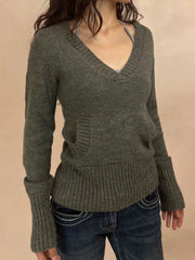 LIZAKOSHT  -  Solid Cotton Knitted Sweater Woman Pocket V-neck Long Sleeve Slim Pullover American Vintage Streetwear Preppy Style Jumper Tops