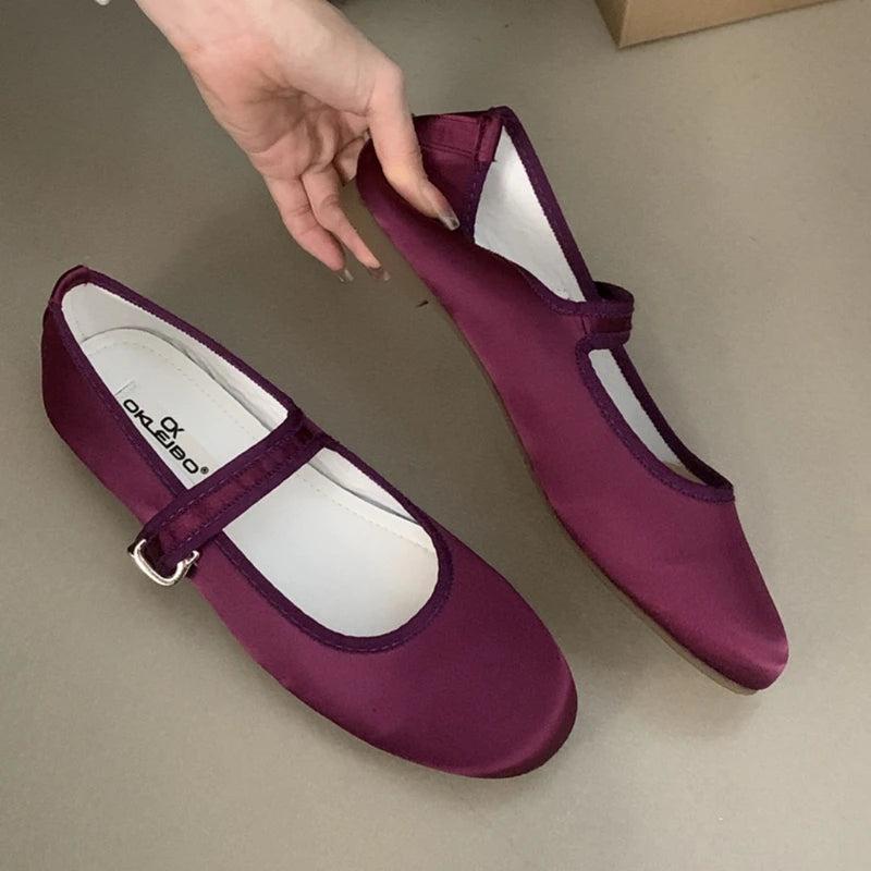LIZAKOSHT  -  Comfort Satin Soft Sole Ladies Mary Jane Shoes Fashion Round Toe Shallow Women Flats Elegant Buckle Prom Designer Ballet Shoes