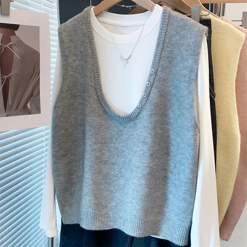 LIZAKOSHT  -  Autumn Winter Casual Sleeveless Gray Knitting Vest Korean Style Elegant Clothing Female Tops Women's Fashion Knitted Vest