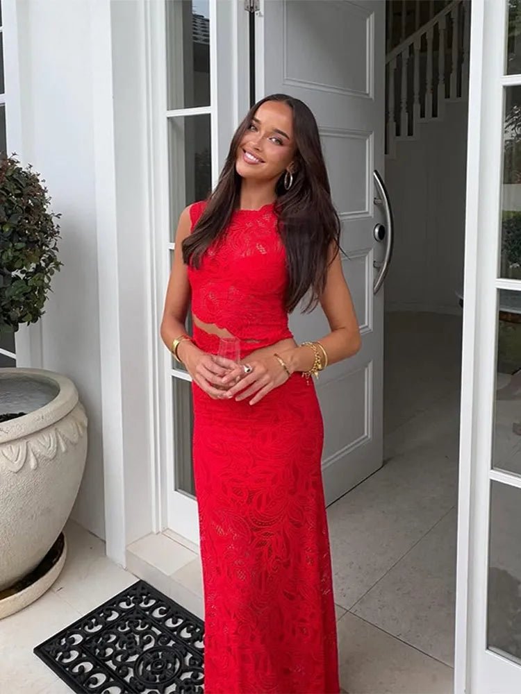 LIZAKOSHT  -  Sexy Hallow Out Vest Skirt Set Women Red Sleeveless O-neck Top Long Slim Hip Package Skirts 2025 Summer See Through Suit Lady