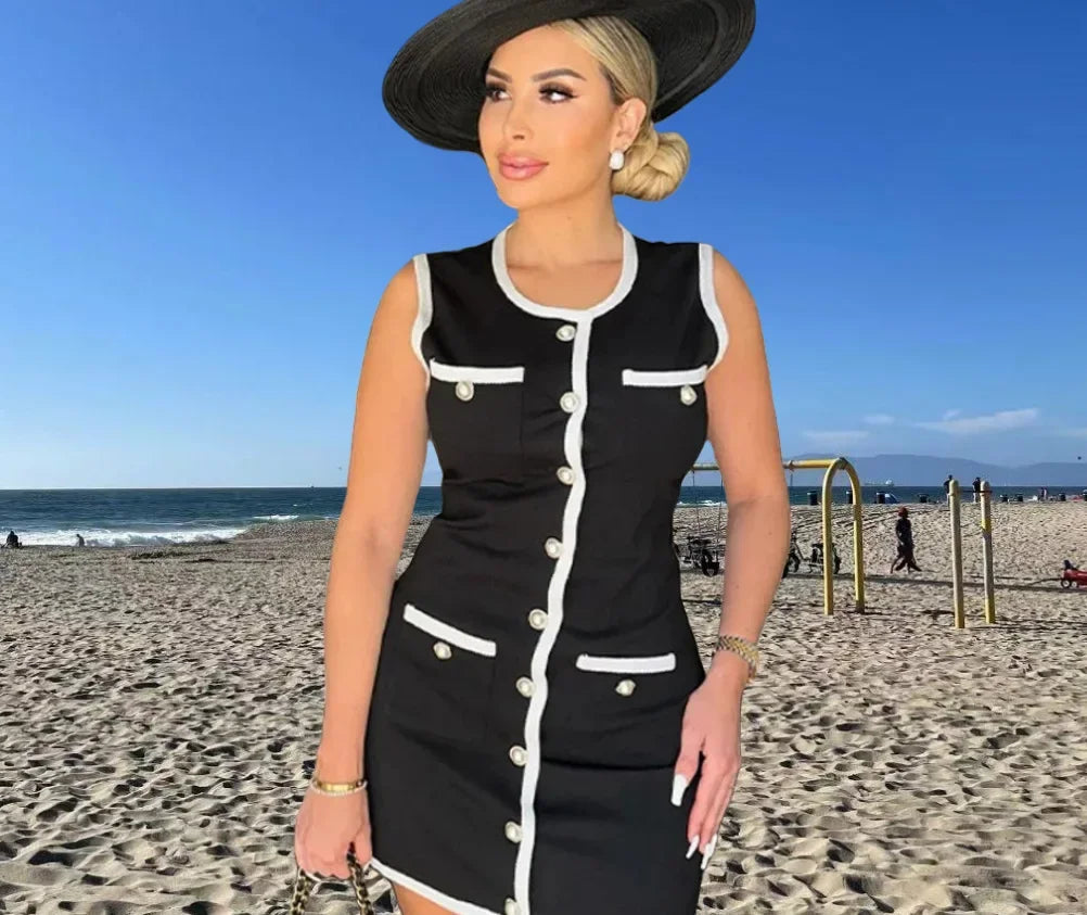 LIZAKOSHT  -  Luxury Design Button Black Mini Dress Women Summer Dresses O-neck Sleeveless Sexy Slim Evening Party Gowns Office Lady Dresses