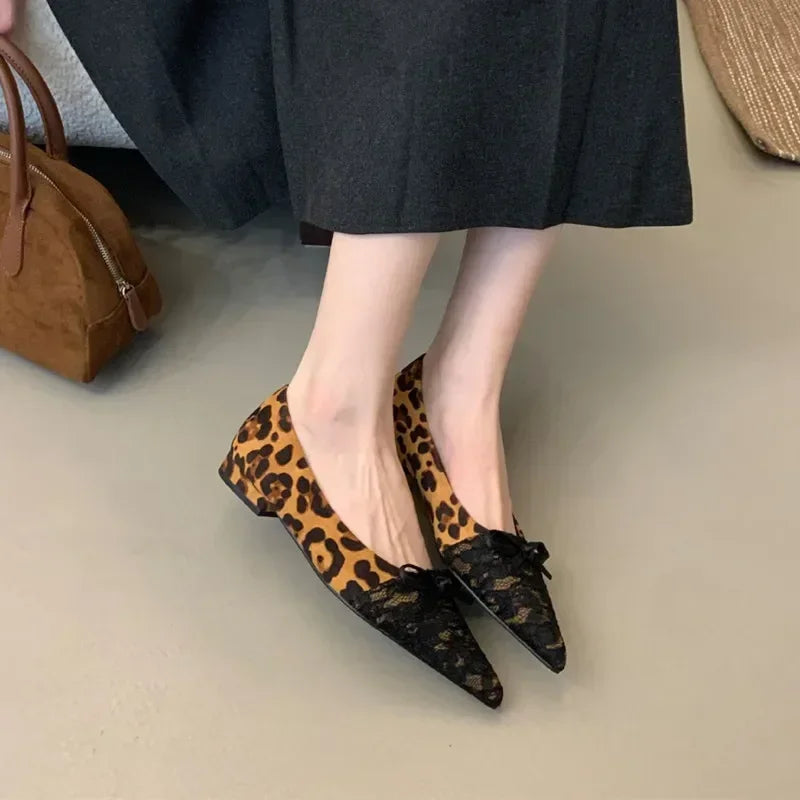 LIZAKOSHT  -  Elegant Pointed Toe Women Shoes Leopard Print Shallow Mules Shoes 2025 Spring Fashion Suede Bow Design Flat Shoes Zapatos Mujer