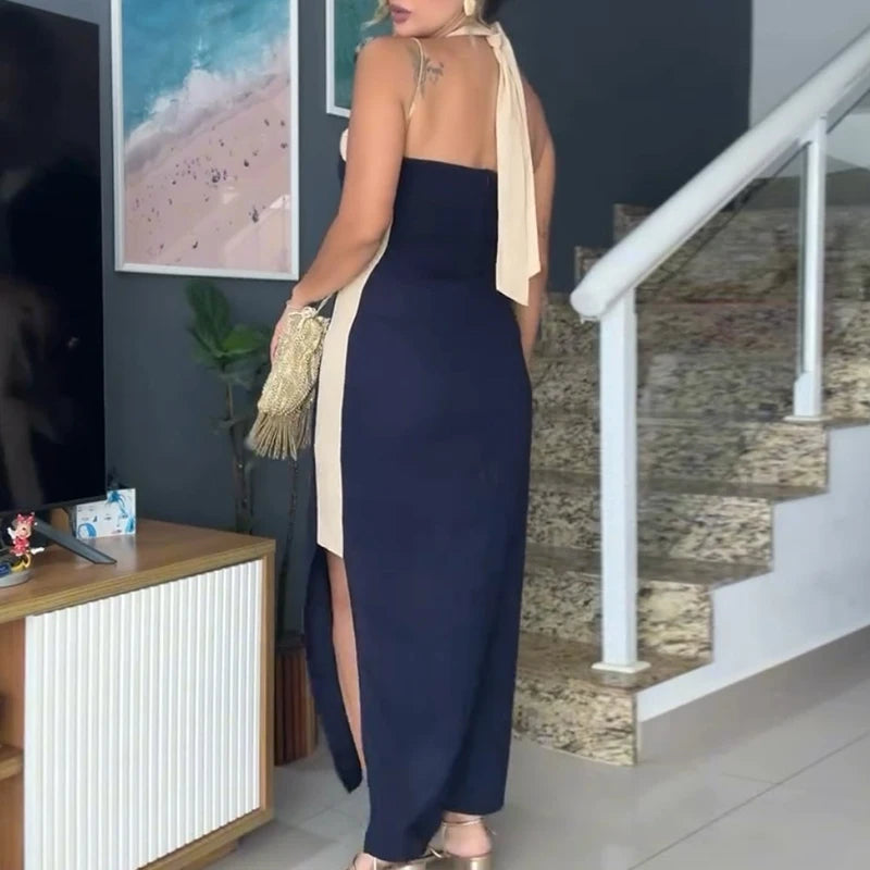 LIZAKOSHT  -  Women Fashion Cotton Linen Split Long Dress Elegant Sleeveless Backless Solid Party Dresses Sexy Cross Halter Temperament Dress