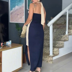 LIZAKOSHT  -  Women Fashion Cotton Linen Split Long Dress Elegant Sleeveless Backless Solid Party Dresses Sexy Cross Halter Temperament Dress