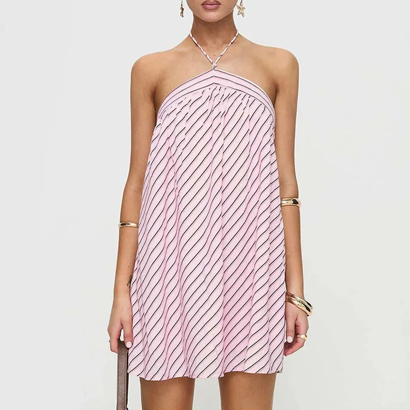 LIZAKOSHT  -  New Sexy Backless Lace Up Party Dresses Woman Chic Stripe Print Halter Mini Dress Summer Casual Sleeveless Hollow Out Boho Dress
