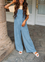 LIZAKOSHT  -  2024 Women's Spring Summer Casual Loose Jumpsuit Cotton Wrinkled Double Patch Wide Leg Pant Vacation Suspenders Trouser