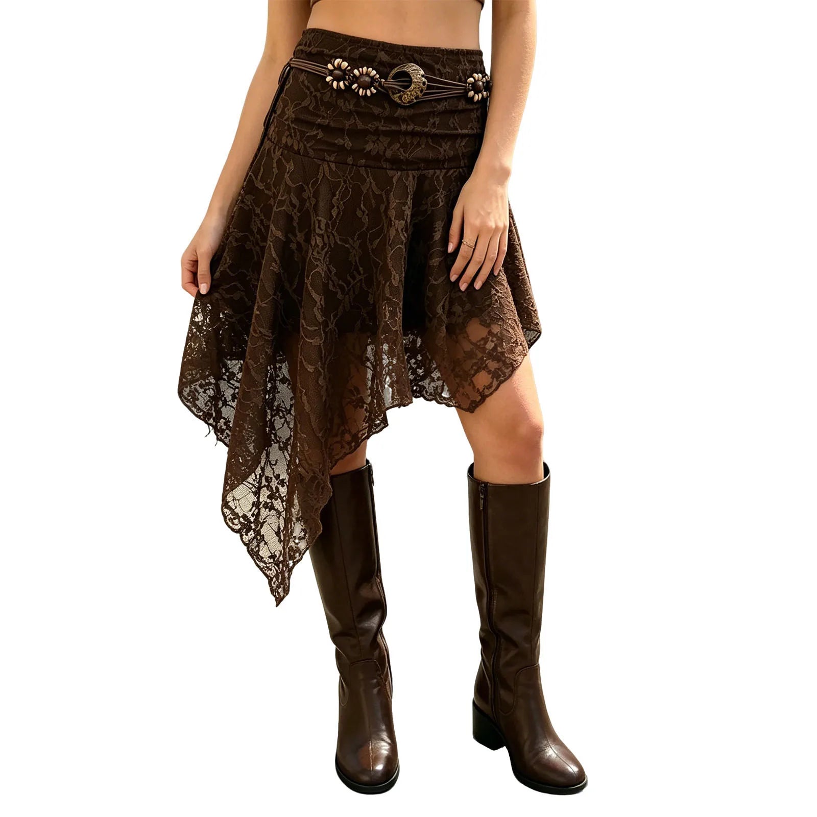 LIZAKOSHT  -  Womens Asymmetrical Hem Skirt Boho Lace Low Rise Floral Midi Skirt with Belt for Casual Bohemian and Daily Wear