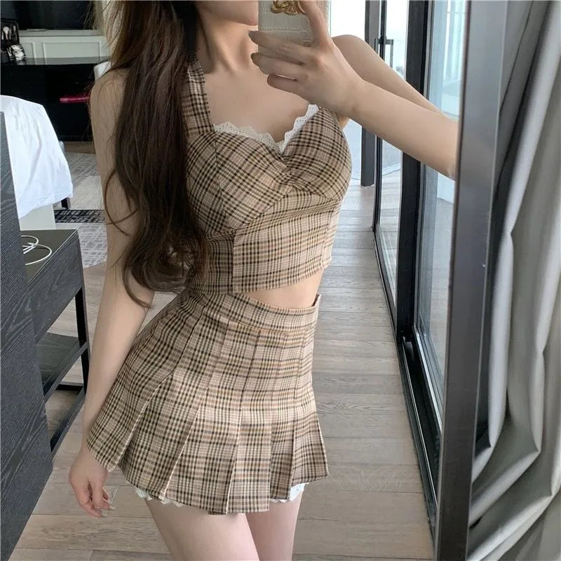 LIZAKOSHT  -  Sexy Skirt Set Women's Summer Plaid Halter Neck Tank Top High Waist Pleated Skirt Two-piece Set Fashion Female Clothes