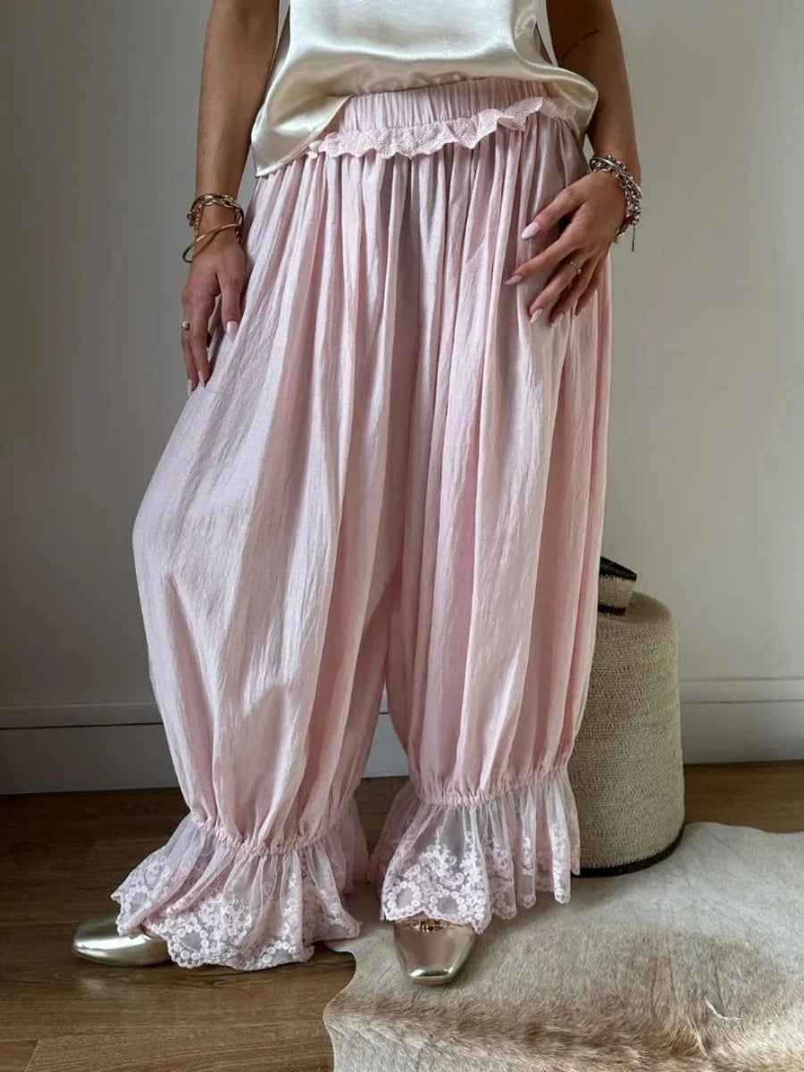 LIZAKOSHT  -  Coquette Aesthetic Bloomer Pants Women Sexy Lace Trim Ruffle Harem Pants Cute Balletcore Drawstring Loose Wide Leg Trousers