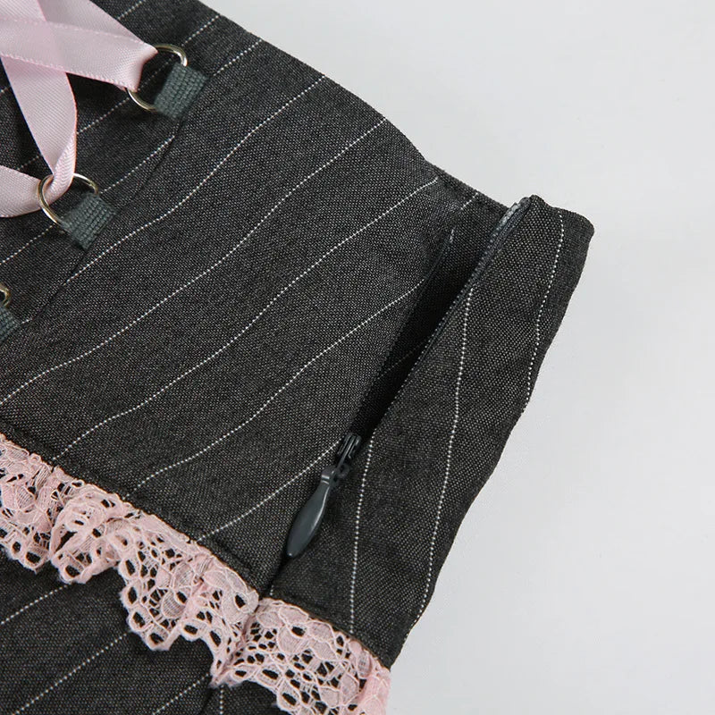 LIZAKOSHT  -  Y2k Girl Lace Bow Low Waist Pleated Striped Skirt Pastel Goth Sweet Pleated Skirt Women Aesthetic Fairy Grunge Elegant Skirt