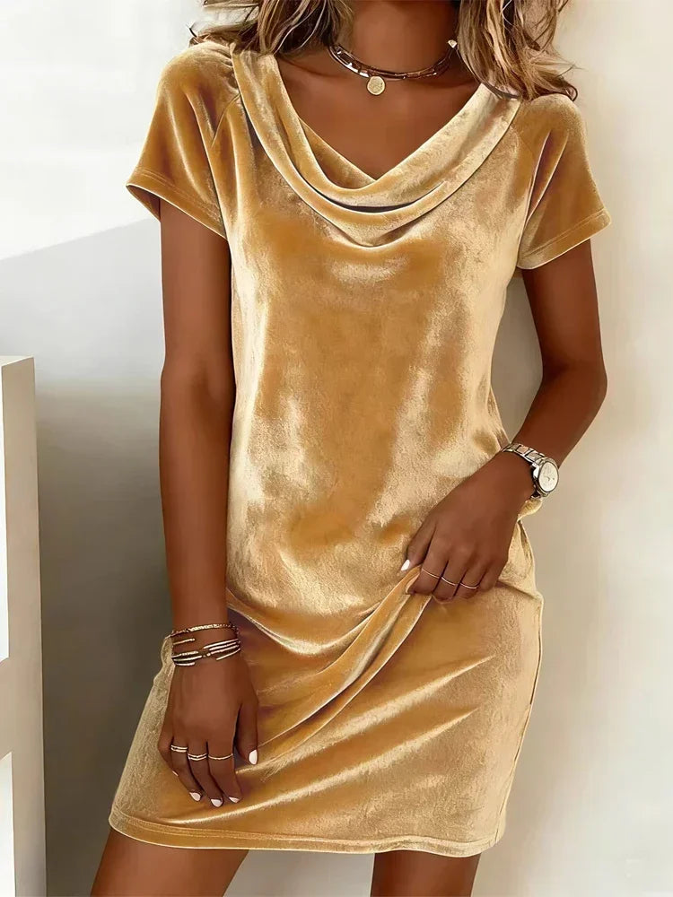LIZAKOSHT  -  Women Chic Velvet Cowl Neck Mini Dress Solid Color Elegant Short Sleeve Loose Fit Vestidos Lady Summer New Street Outfits