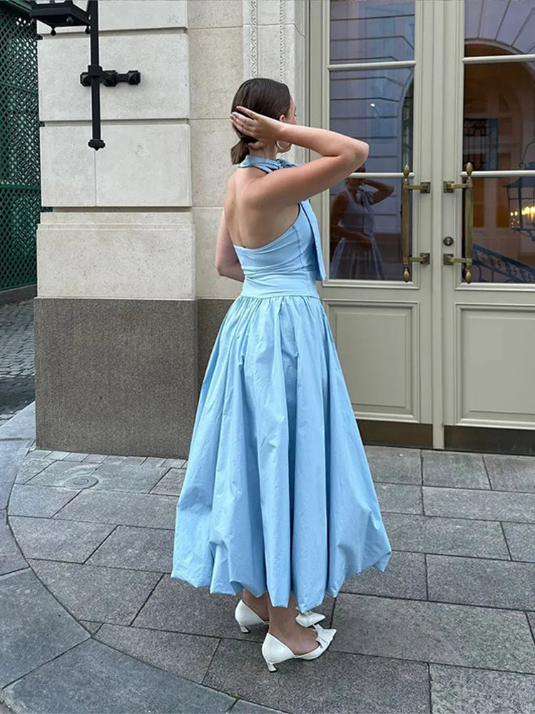 LIZAKOSHT  -  Blue Chic Women's Pleated Halter Lace Up Midi Dress Elegant Backless Sleeveless High Waist A-line Robe Lady 2024 Street Vestido