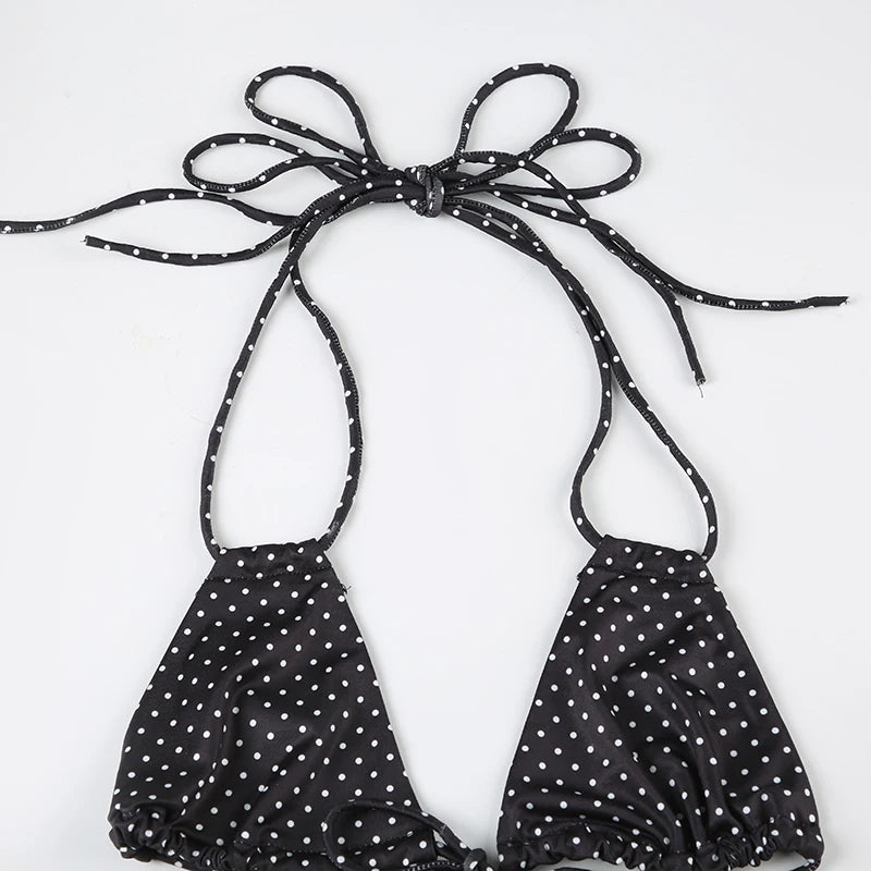 LIZAKOSHT  -  Women Polka Dot Bikini Set Beaches Style Lace-up Halter Camisole and Ruffled Triangle Pants Two Piece Set Vacation