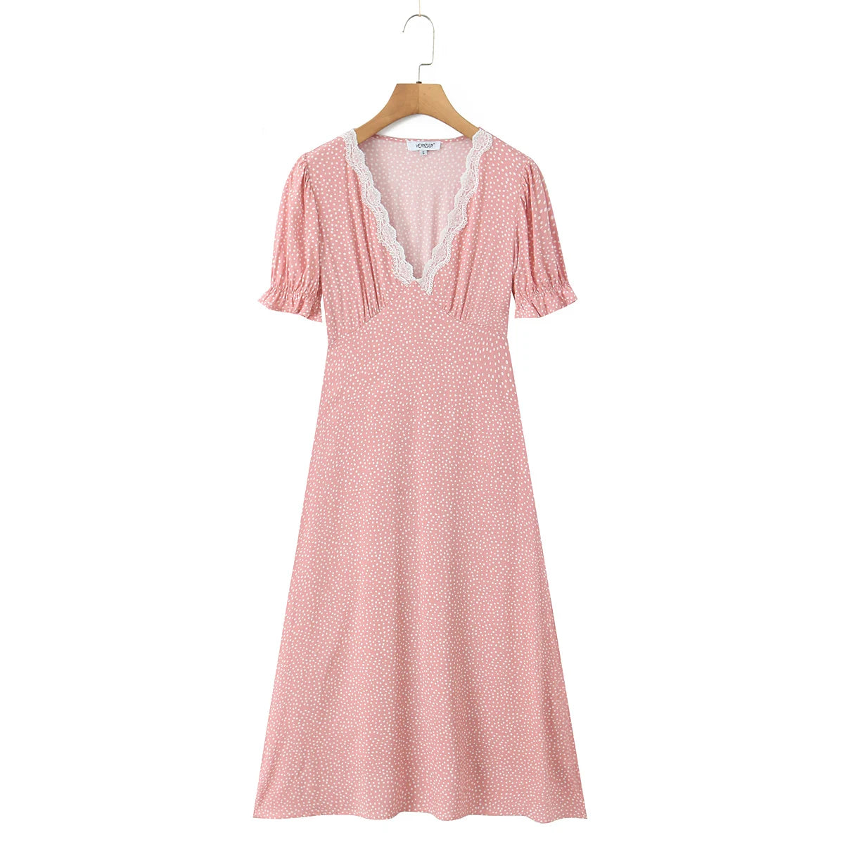 LIZAKOSHT  -  Vintage French Style Polk Dot Print Spliced Lace Deep V neck Short Sleeve Dress Woman A-lined Midi Long Dresses Vestidos Robe