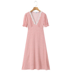 LIZAKOSHT  -  Vintage French Style Polk Dot Print Spliced Lace Deep V neck Short Sleeve Dress Woman A-lined Midi Long Dresses Vestidos Robe