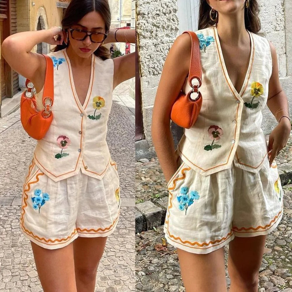 LIZAKOSHT  -  New Chic Sleeveless Printed Vest Casual Loose Holiday Two-piece Set for Women